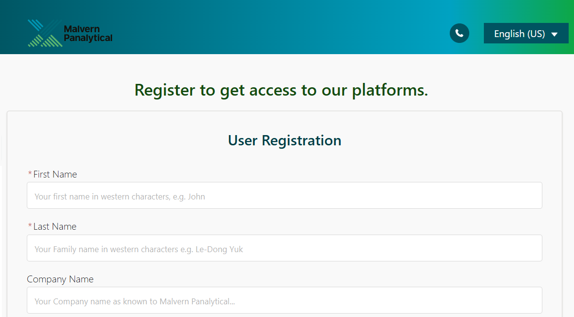 The Malvern Panalytical registration page, headed Register to get access to our platforms, with the User Registration fields for first name, last name and company.